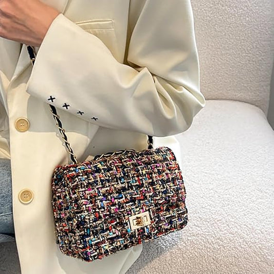 Plaivelle™ Große Tweed-Schultertasche mit Karomuster